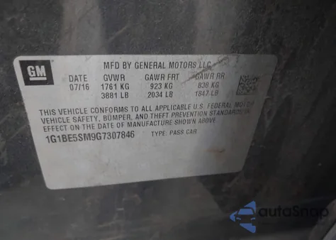 2016 Chevrolet Cruze Lt Auto из США, поврежденный, VIN 1G1BE5SM9G7307846